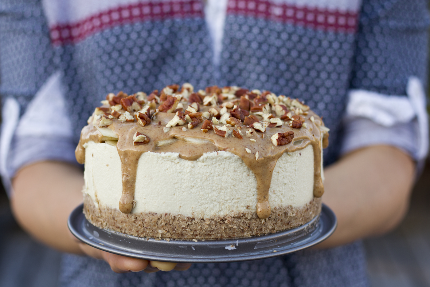 This is a salted caramel apple cheesecake recipe made by Active Vegetarian