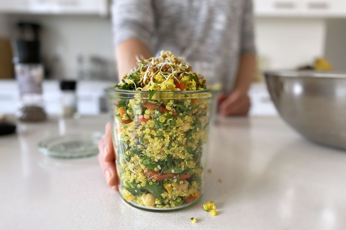 A Healthy homemade vegan quinoa salad is easy and quick lunch for vegetarian